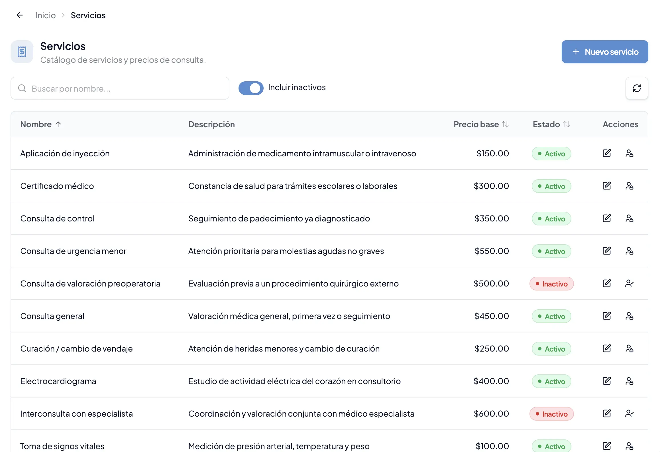 Catálogo de servicios y precios de consulta en MedOnline, con estado activo/inactivo por servicio